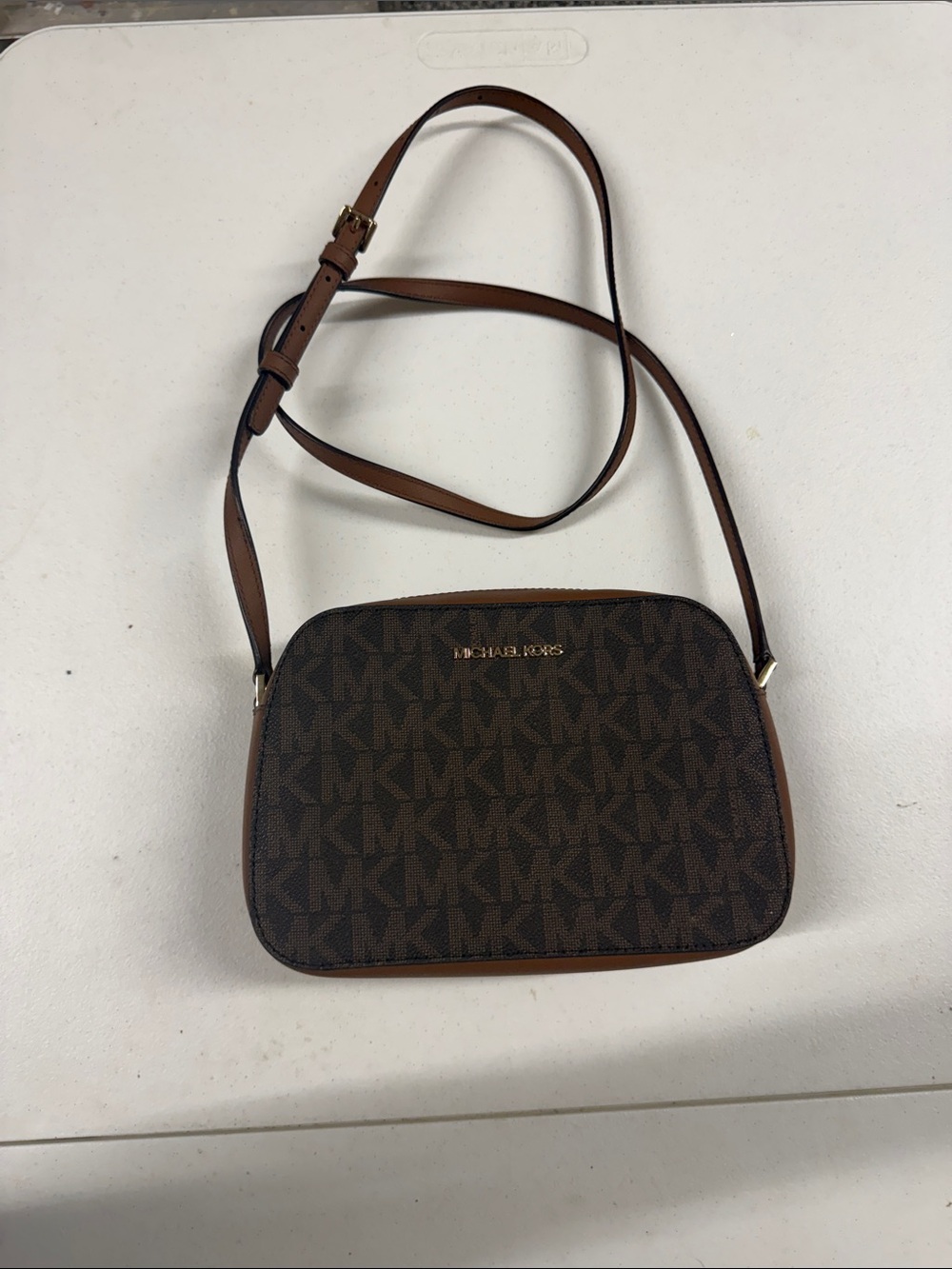 Michael Kors Brown Monogram Crossbody Bag with Tan Trim